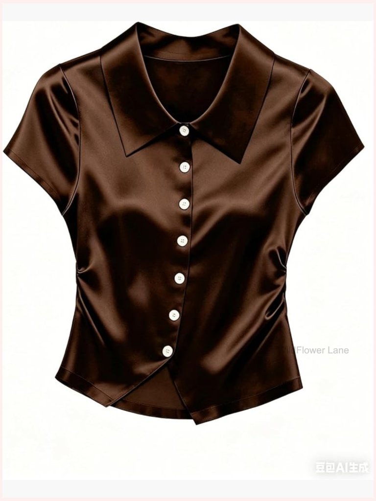 Cap Sleeve Satin Button Down Top Ruched Blouse Work Business Casual